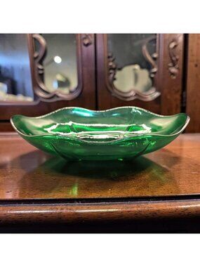 Vintage Anchor Hocking Green Glass Bowl Scalloped MCM Style